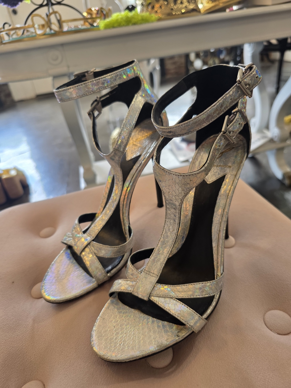 Brian Atwood Holographic Silver T-Strap High Heel Sandals